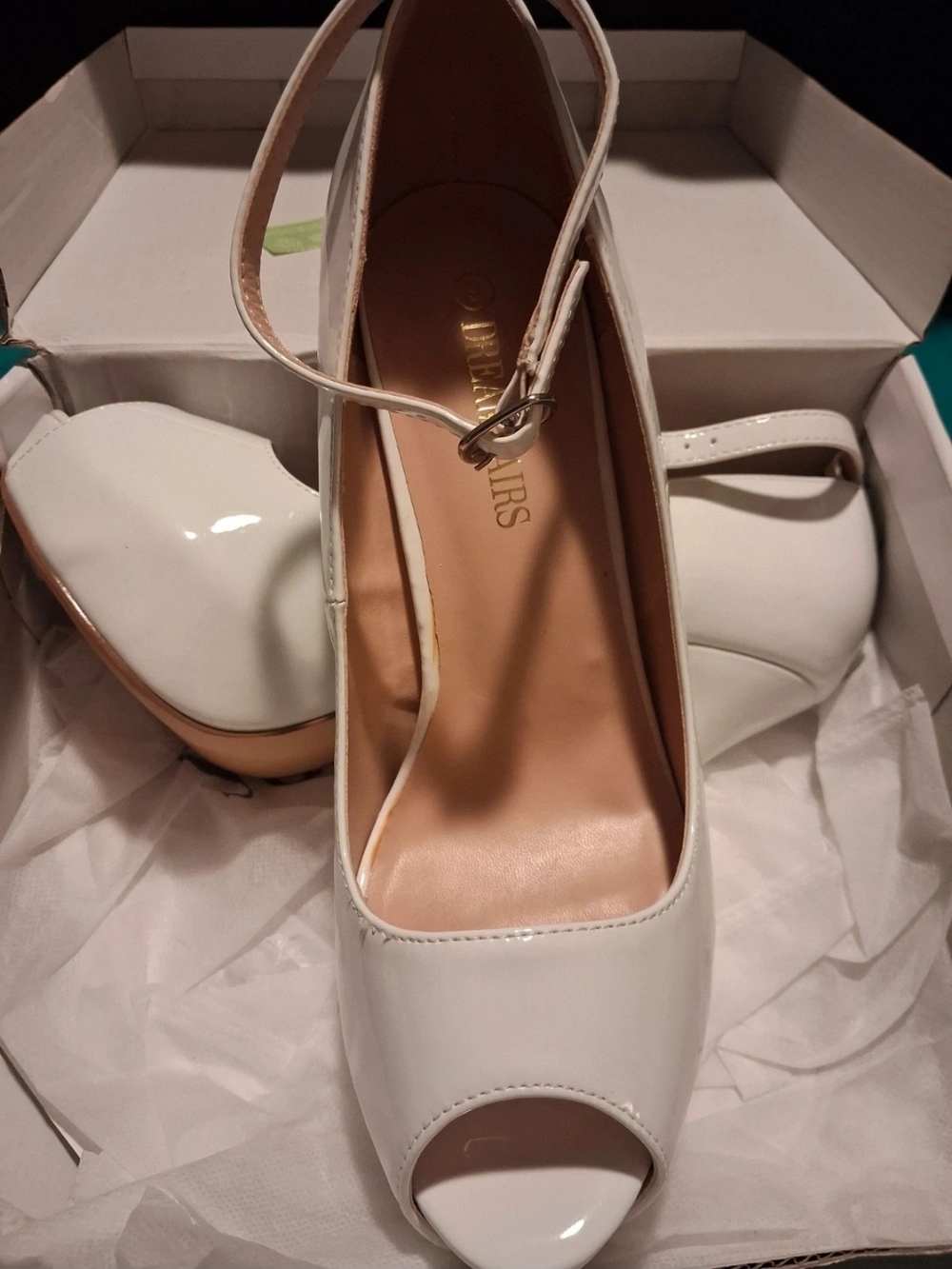 Dream Pairs White Patent Peep Toe Platform Heels with Ankle Strap